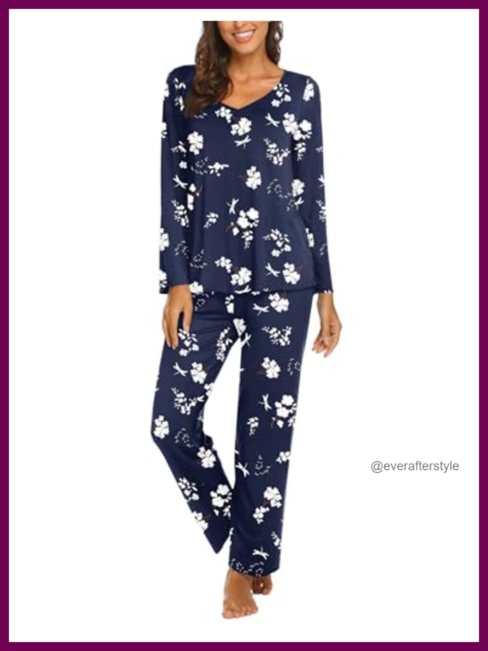 Womens Pajama Set Long Sleeve V-Neck Pleated Top & Pants Loungewear 2 Piece
